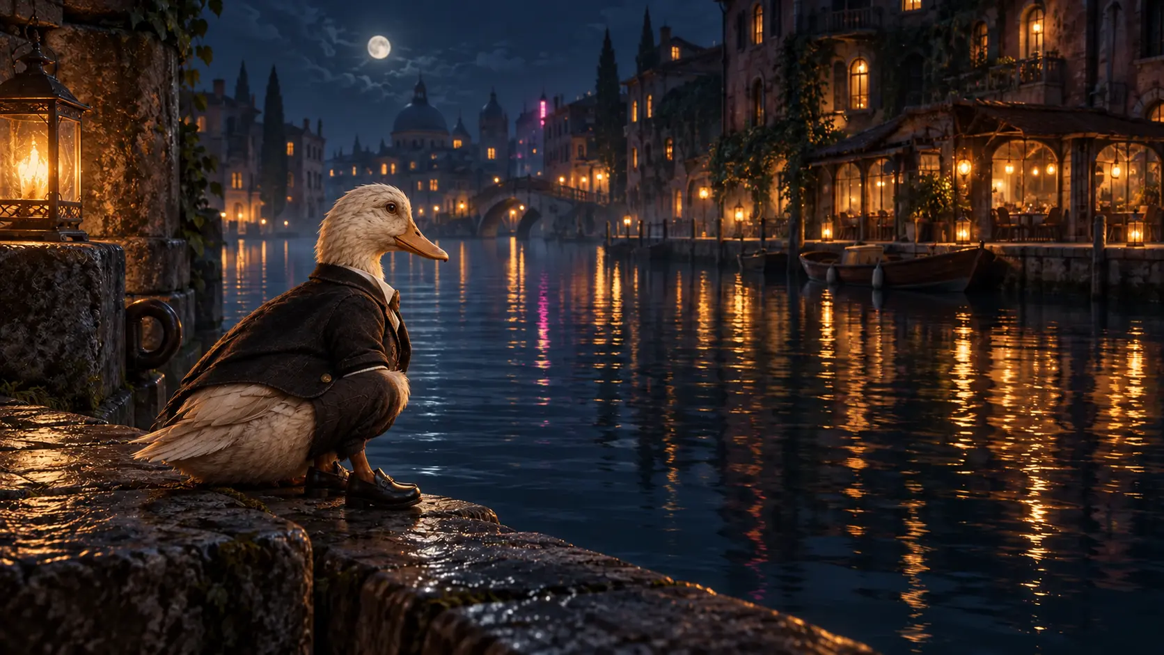 Valentino beside the nighttime canals of Plume City
