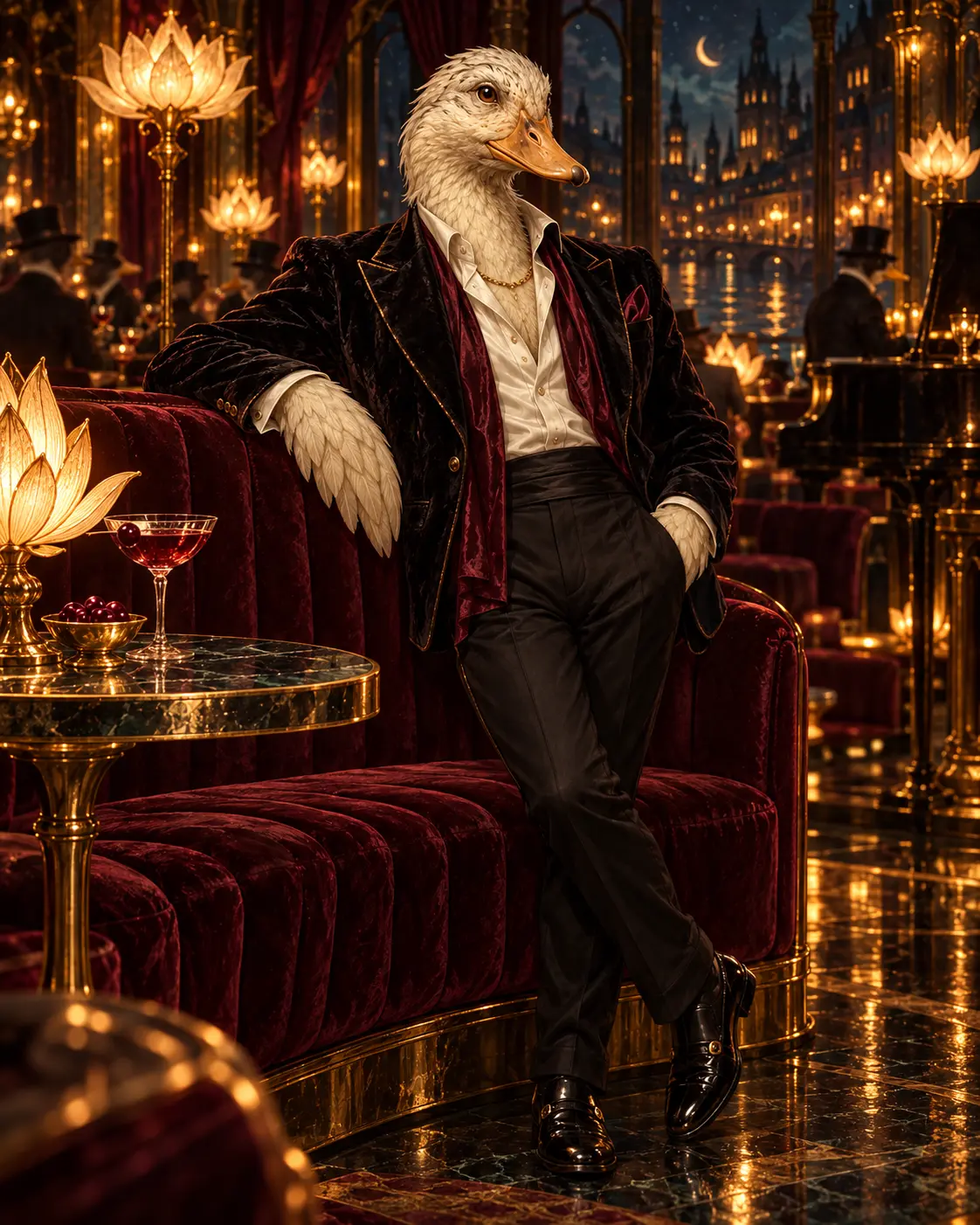 Ivory-feathered Valentino dressed for an evening at the Velvet Lily